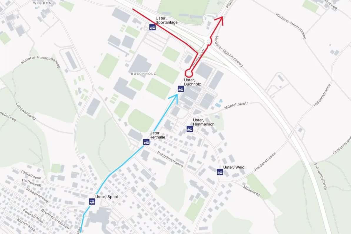 Eine Karte zeigt den Verkehrsfluss in Uster.